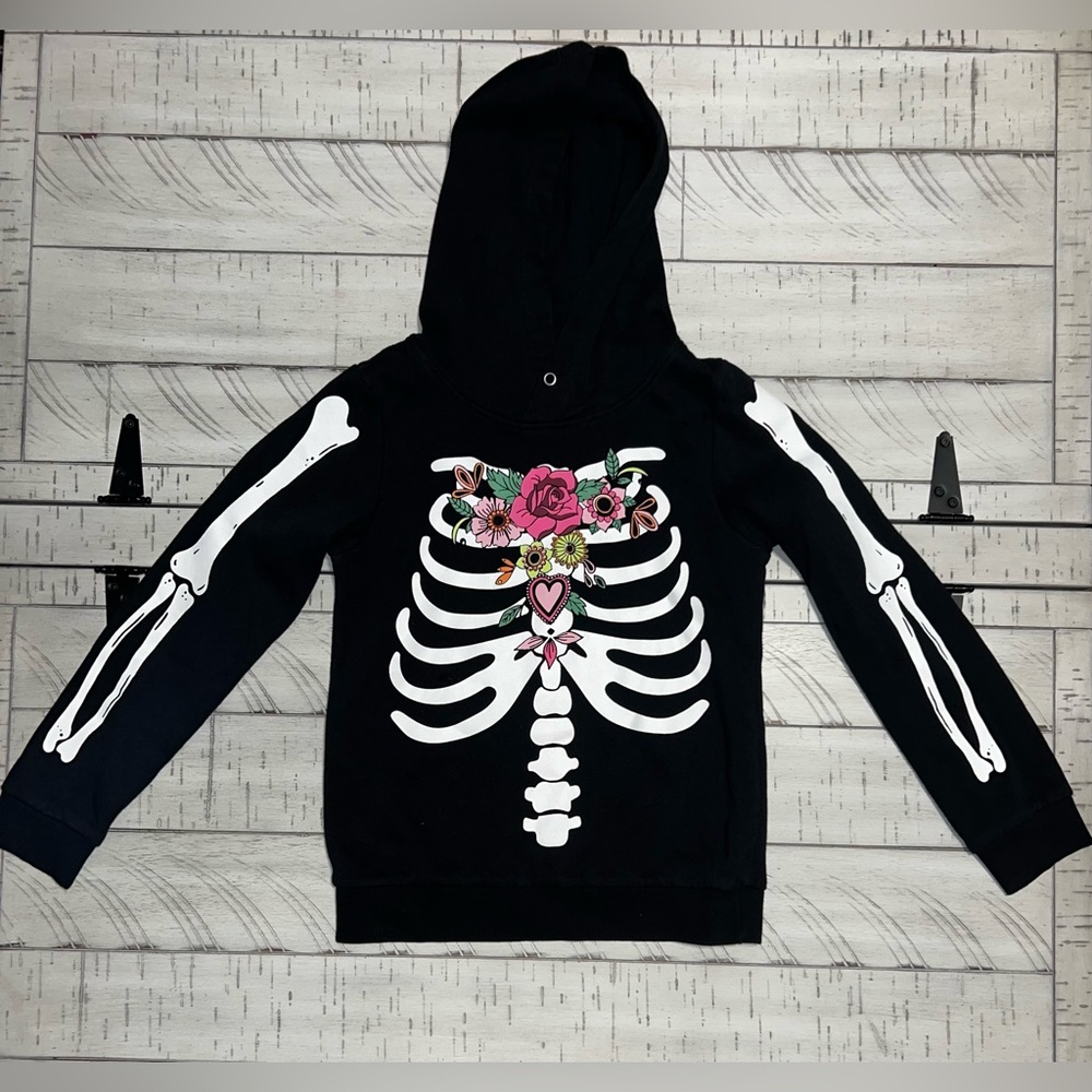 H&M Black Hoodie with Skeleton and Floral Design